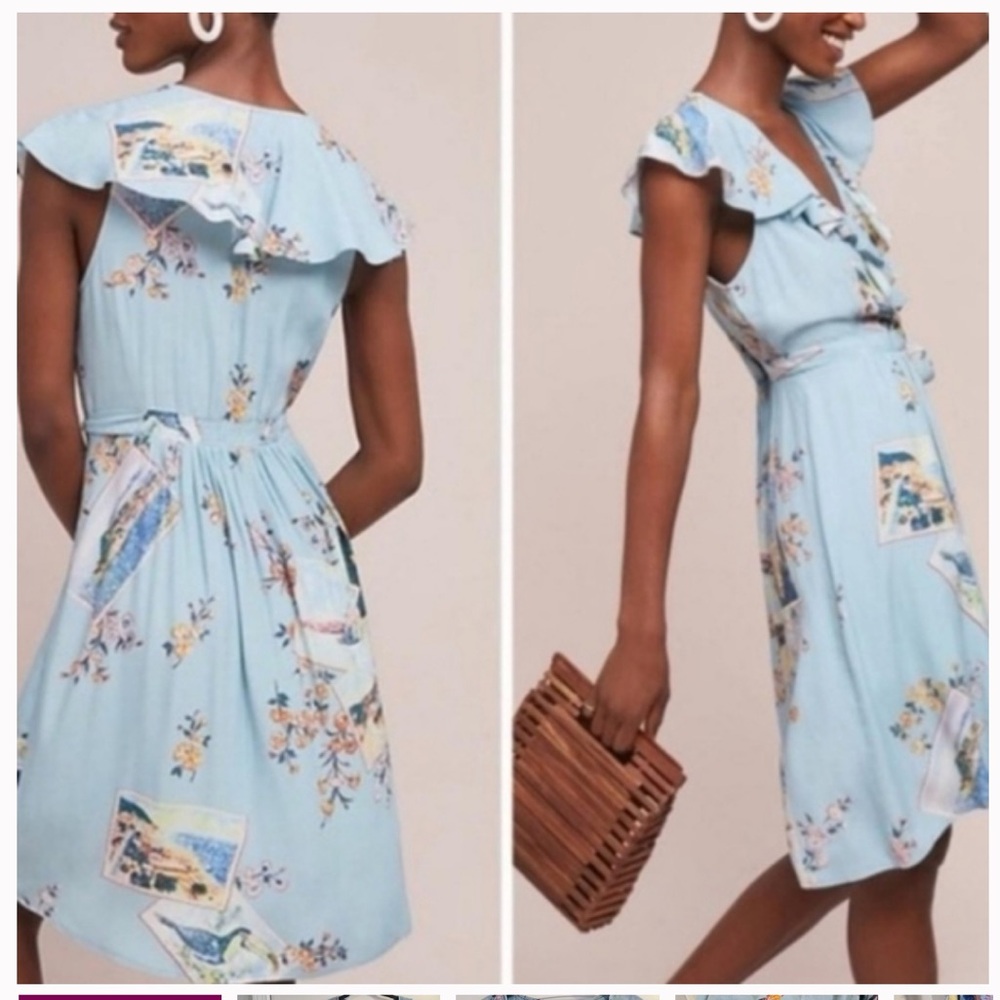Anthropologie blue floral postcard, tie faux wrap dress size 6